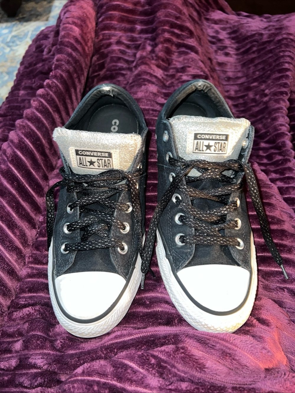 Converse Women’s Black Sneakers Padded Silver Tongue Sparkle Glitter Sz 9